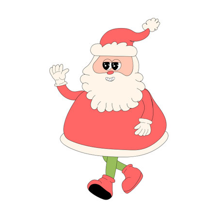 Christmas and Happy New Year groovy santa claus character isolated. Winter holidays mascot. Retro hippie character in 60s, 70, y2k style with funny groovy xmas elements.のイラスト素材
