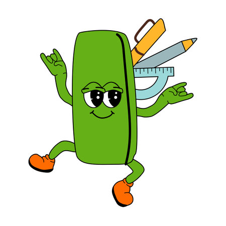 Childrens school supply - cartoon pencil case, pen box in retro groovy style. Funny mascot for education Back to school banner, cover design, poster or sticker. y2k school character - stationery item.のイラスト素材