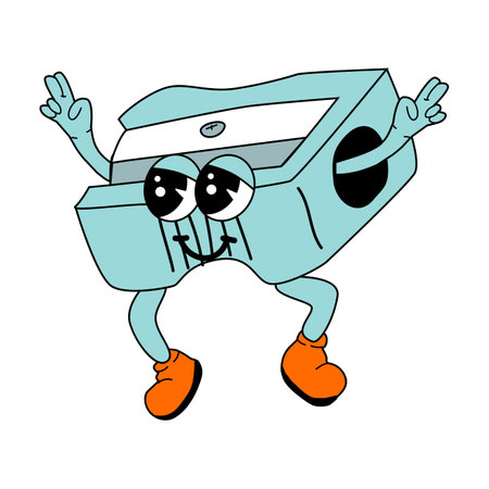 Childrens school supply - cartoon sharpener in retro groovy style. Funny mascot for education Back to school banner, cover design, poster or sticker. y2k character - stationery item.のイラスト素材