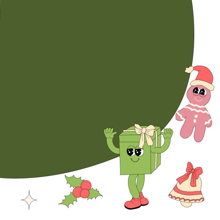 Christmas groovy banner with cartoon characters. Xmas square background. Merry Christmas and Happy New Year banner template. Groovy y2k characters and elements background.のイラスト素材