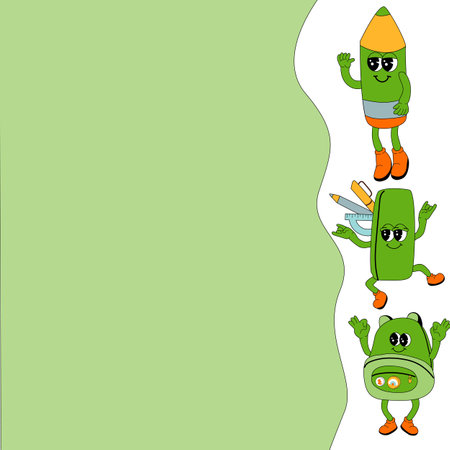 y2k background with school characters in retro 00s, 80s style. Can used for back to school banner or poster for social network. School supplies or stationery for children - cute cartoon characters.のイラスト素材