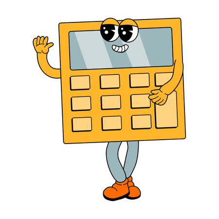 Calculator cartoon character in retro groovy 80s, 90s, 2000s style. y2k school supply for match with funny face. Childish mascot for education. Can used for sticker, poster, cover, banner.のイラスト素材