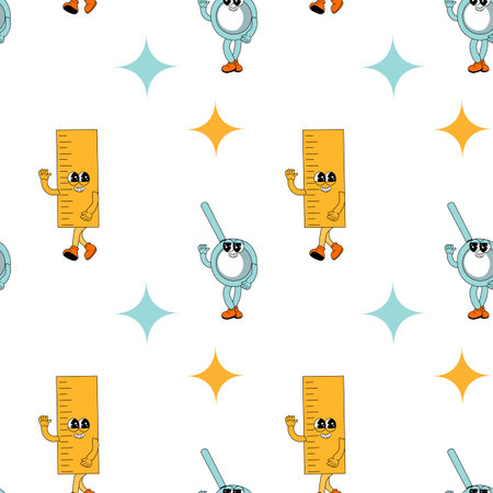y2k school groovy seamless pattern. Childrens pattern with school supplies and y2k elements. Education repeating background with stationery, trendy retro groovy characters. Fabric childish design.のイラスト素材