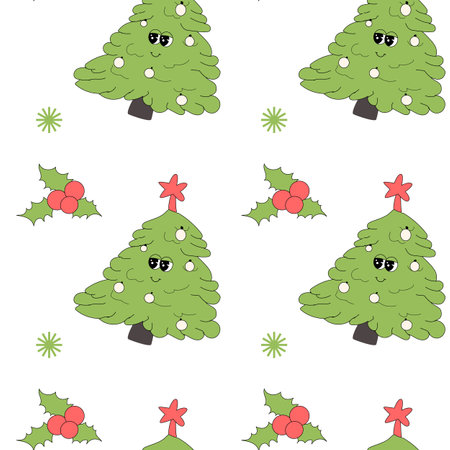 Happy new year pattern with y2k elements. Groovy characters background with santa, snow ball, xmas tree, gifts. Christmas groovy hippie pattern with retro characters in 60s, 70s, y2k styleのイラスト素材