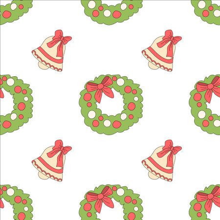 Happy new year pattern with y2k elements. Groovy characters background with santa, snow ball, xmas tree, gifts. Christmas groovy hippie pattern with retro characters in 60s, 70s, y2k styleのイラスト素材