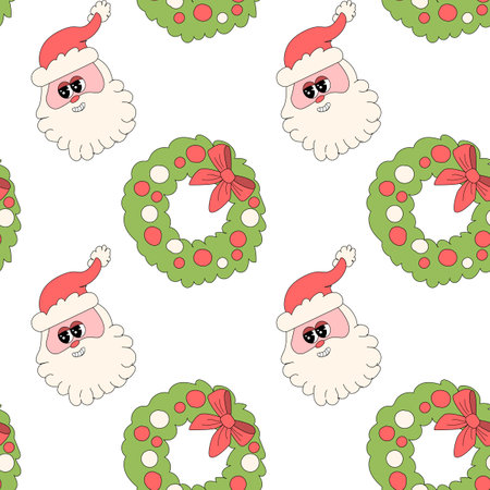 Happy new year pattern with y2k elements. Groovy characters background with santa, snow ball, xmas tree, gifts. Christmas groovy hippie pattern with retro characters in 60s, 70s, y2k styleのイラスト素材