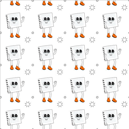 y2k school groovy seamless pattern. Childrens pattern with school supplies and y2k elements. Education repeating background with stationery, trendy retro groovy characters. Fabric childish design.のイラスト素材