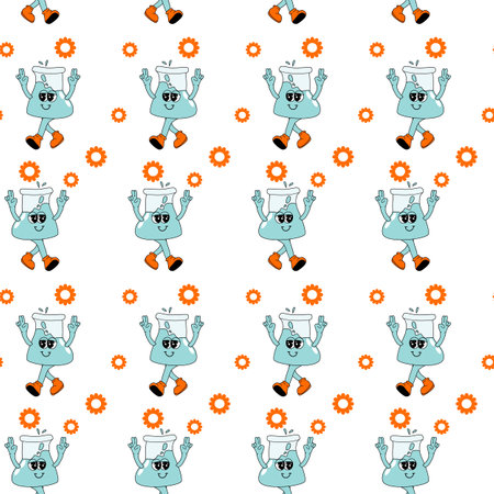 y2k school groovy seamless pattern. Childrens pattern with school supplies and y2k elements. Education repeating background with stationery, trendy retro groovy characters. Fabric childish design.のイラスト素材