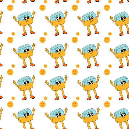 y2k school groovy seamless pattern. Childrens pattern with school supplies and y2k elements. Education repeating background with stationery, trendy retro groovy characters. Fabric childish design.のイラスト素材
