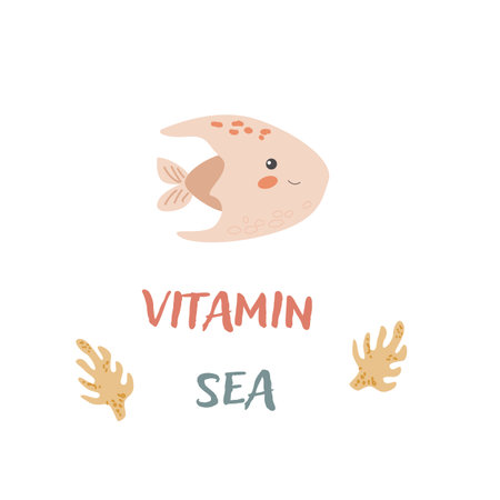 Childrens sea animal fish background with words. Nautical elements. Cute fish or ocean inhabitant with seaweed. Sea wild life, marine animals with text vitamine for stickers, cover design, clothのイラスト素材