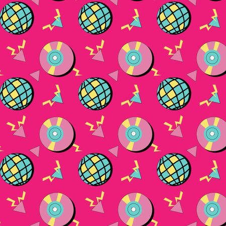 90s music background with audio equipment from 00s. Retro fashion seamless pattern with cassette....