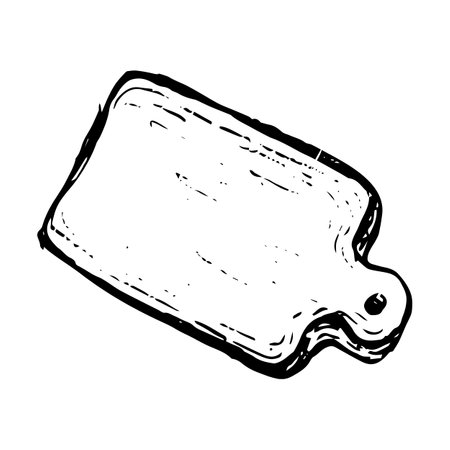 Hand drawn sketch style cutting wooden board. Rectangular board with handle. Top view. Kitchen equipments vintage vector illustration. Isolated on white background. Engraving illustration.のイラスト素材