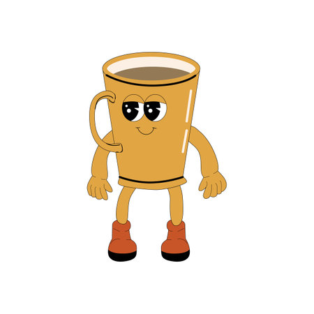 Coffee Groovy Character. Isolated on white. Cute y2k hot drink brewing sticker. Coffee cup or glass retro element.のイラスト素材