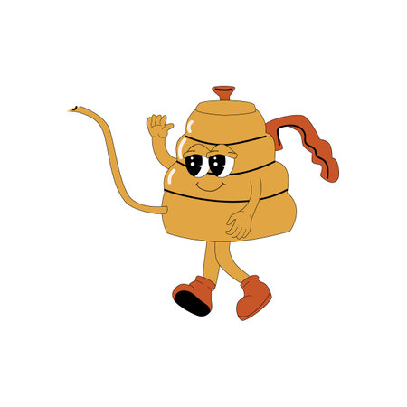 Brewing Coffee Maker Groovy Character. Isolated on white. Cute y2k hot drink brewing sticker. Coffee machine or pot.のイラスト素材