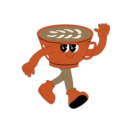 Coffee Groovy Character. Isolated on white. Cute y2k hot drink brewing sticker. Coffee cup or glass retro element.のイラスト素材