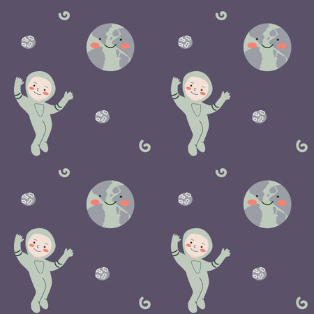 Childrens adventure pattern with cosmic objects and galaxy elements, cute planets. Seamless background with doodle space elements. Childrens pattern with cute cartoon characters.のイラスト素材