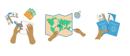 Trip planning world tour concept illustrations set. Travel stickers collection. Summer vacation plane tickets and planning set. Travel destinations choose.のイラスト素材