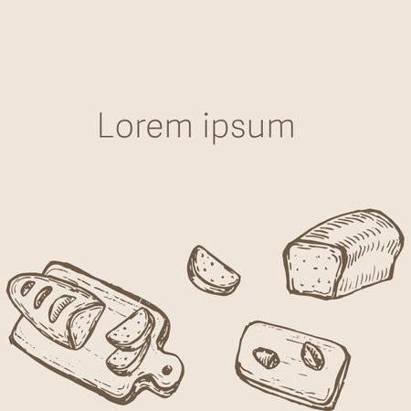 Breads shop banner in retro style. Engraved elements background for bakery. Tasty baked food sketched. Breads sketch banner.のイラスト素材