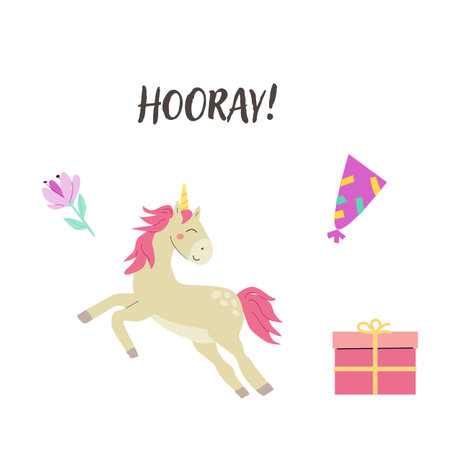Children's birthday card template. Celebration design for anniversary. Cute animal with gift.のイラスト素材