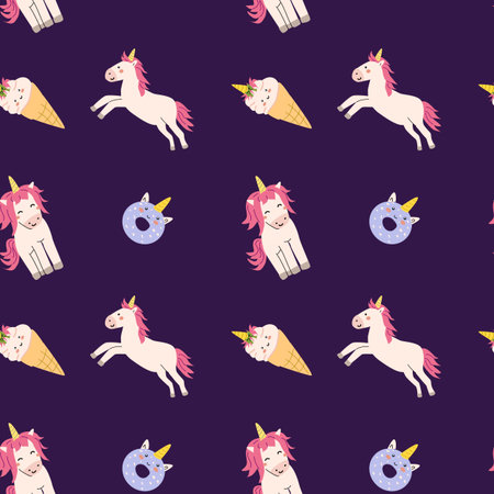 Cute unicorn seamless pattern for textile. Childish magic characters background. Childrens fairy and magic pattern.のイラスト素材