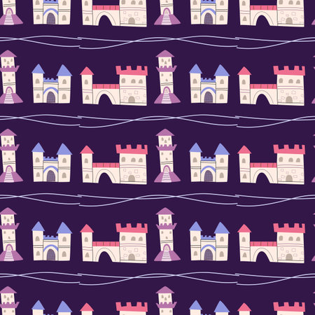 Children's castle pattern. Cartoon fairy building background. Cute childish magic pattern for decoration, cover.のイラスト素材