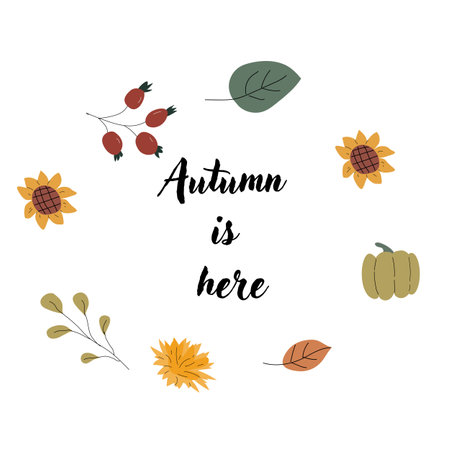 Autumn fall card template with seasonal leaves and items. Celebration design with childrens forest animal and harvest elements.のイラスト素材