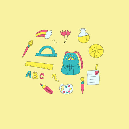 Childrens school doodle banner template. Education stationery supplies, school building, globe,...