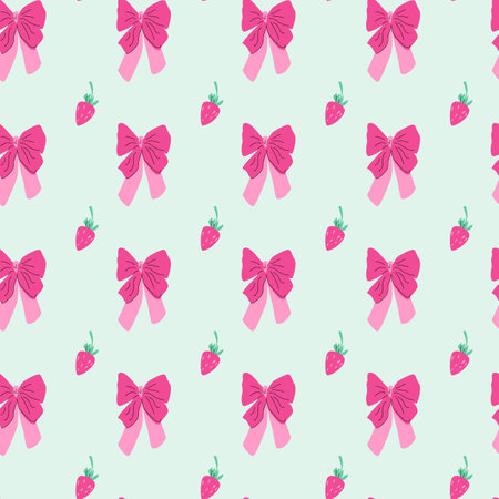 Cute childrens fashion background. Bows and berry pattern with strawberry or cherry. Romantic decoration for girls clothes, summer kitchen towels.のイラスト素材