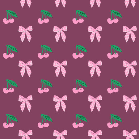 Cute childrens fashion background. Bows and berry pattern with strawberry or cherry. Romantic decoration for girls clothes, summer kitchen towels.のイラスト素材