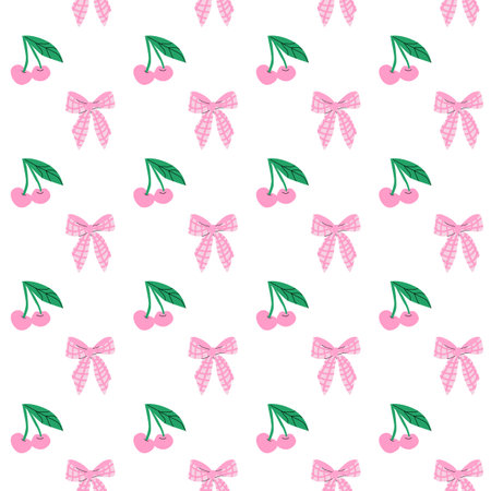 Cute childrens fashion background. Bows and berry pattern with strawberry or cherry. Romantic...