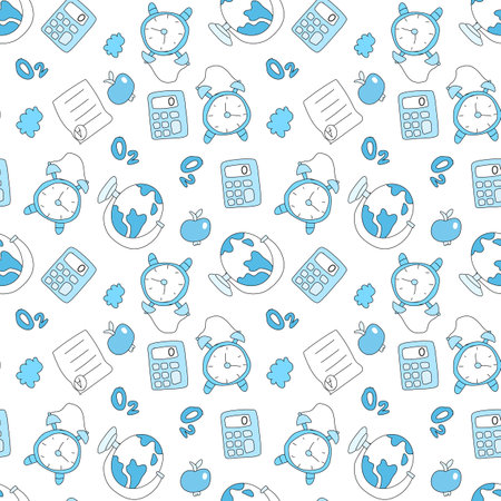 Childrens school doodle elements background. Education stationery supplies, building, globe, books and other student accessory seamless pattern.のイラスト素材