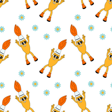 y2k school groovy seamless pattern. Childrens pattern with school supplies and y2k elements. Education repeating background with stationery, trendy retro groovy characters. Fabric childish design.のイラスト素材