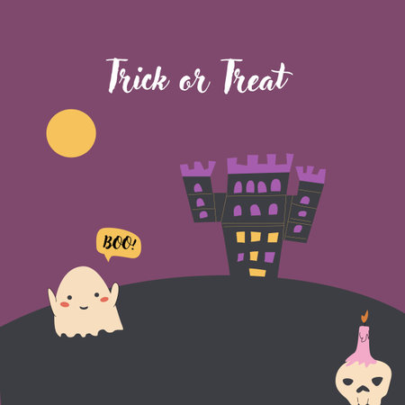 Cute Halloween ghosts party invitation card design. Funny spooky characters in costumes. Childish greeting card for Halloween Day holiday with candy and autumn fall leaves.のイラスト素材