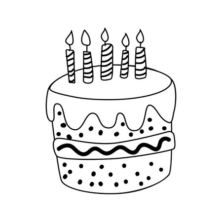 Cake doodle vector illustration with candles. Isolated object for celebration design. Anniversary...