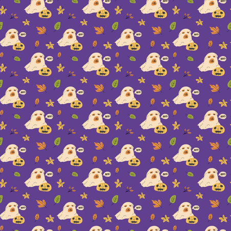 Childrens halloween pattern with cute character. , Ghost in halloween costume, skull and magic pot. Cute childish seamless pattern.のイラスト素材