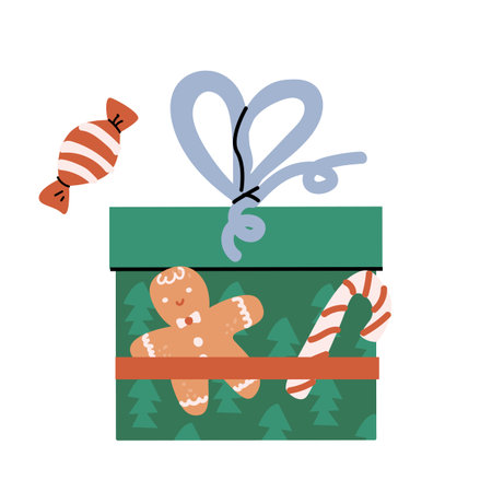 Cute xmas present box in festive wrapping paper with ribbon and bow. Christmas gift vector...