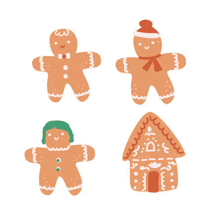 Gingerbread cookies set for christmas holiday. Ginger xmas decoration cookie collection in flat...