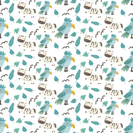 Childrens fashion pattern with baby animals. Cute safari african animals with plant - print. Childish seamless pattern for nursery design, kids textile, boys and girls fabric apparel.のイラスト素材