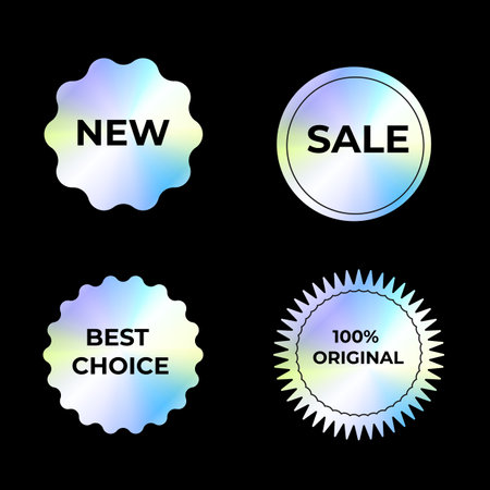 Set of stickers, hologram emblems, holographic labels on dark background. y2k gradient neon stickers for sale, products.のイラスト素材