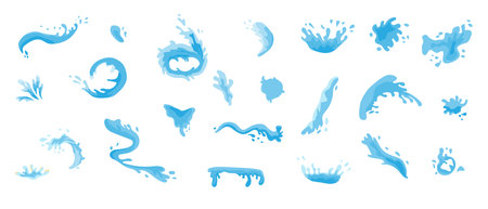 Water splash and splatter set. Liquid elements for drink product. Different blue shapes.のイラスト素材