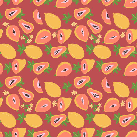 Hand drawn abstract papaya fruit pattern with plant parts and sliced food. Seamless pattern with papaya for textile, wrapping paper, posters. Fashion textures.のイラスト素材