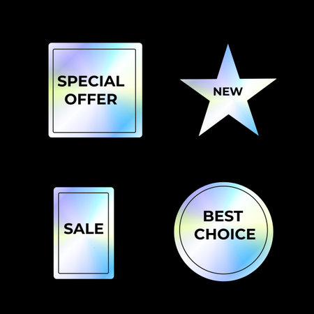 Set of stickers, hologram emblems, holographic labels on dark background. y2k gradient neon stickers for sale, products.のイラスト素材