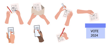 Set of election 2024 vector illustrations, people voting in USA. Election concept design. Can used for banner, poster, flyer.のイラスト素材