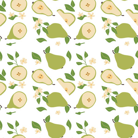 Hand drawn abstract bright fruit pear pattern with plant parts and sliced food. Seamless pattern for textile, wrapping paper, posters. Fashion textures.のイラスト素材