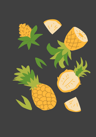 Abstract vertical pineapple poster, vector flat illustration. Summer bright pattern with tropical fruit pineapple, cover design. Can used for labels, market ad, posters, covers for print.のイラスト素材