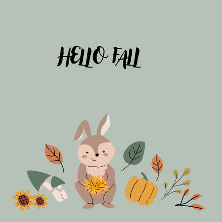Autumn fall card template with seasonal leaves and items. Celebration design with childrens forest animal and harvest elements.のイラスト素材