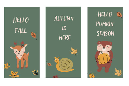 Vertical card template for fall autumn holidays. Banner for thanksgiving holiday, october seasonal celebration design. Children's animals with fall leaves.のイラスト素材