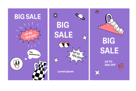 Trendy contemporary sale banner with y2k elements and antique sculptures. Geometry shapes, psychedelic and surrealism elements ad background.のイラスト素材