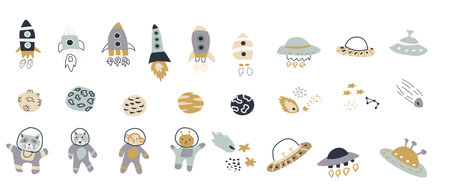 Space bundle. Cosmic objects and childrens animal characters. Galaxy elements collection. Cute stellar stickers set. Monsters or aliens big collection.のイラスト素材
