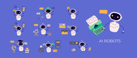 Artificial intelligence robots set. Ai generating texts, images, video, music, audio, working with...